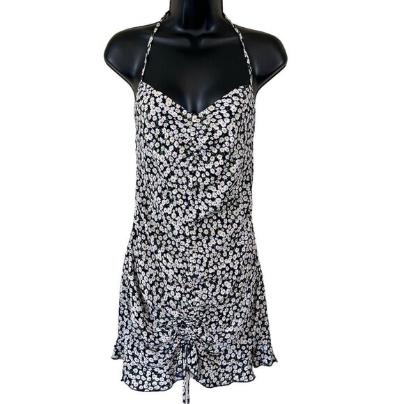 Princess Polly McLeod Blue Floral Drawstring Ruched Halter Ruffle Mini Dress - Picture 1 of 16